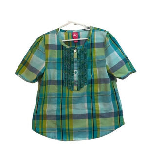 JK kids Plaid Top Blue Green Button Up Ruffle Short Sleeve Casual